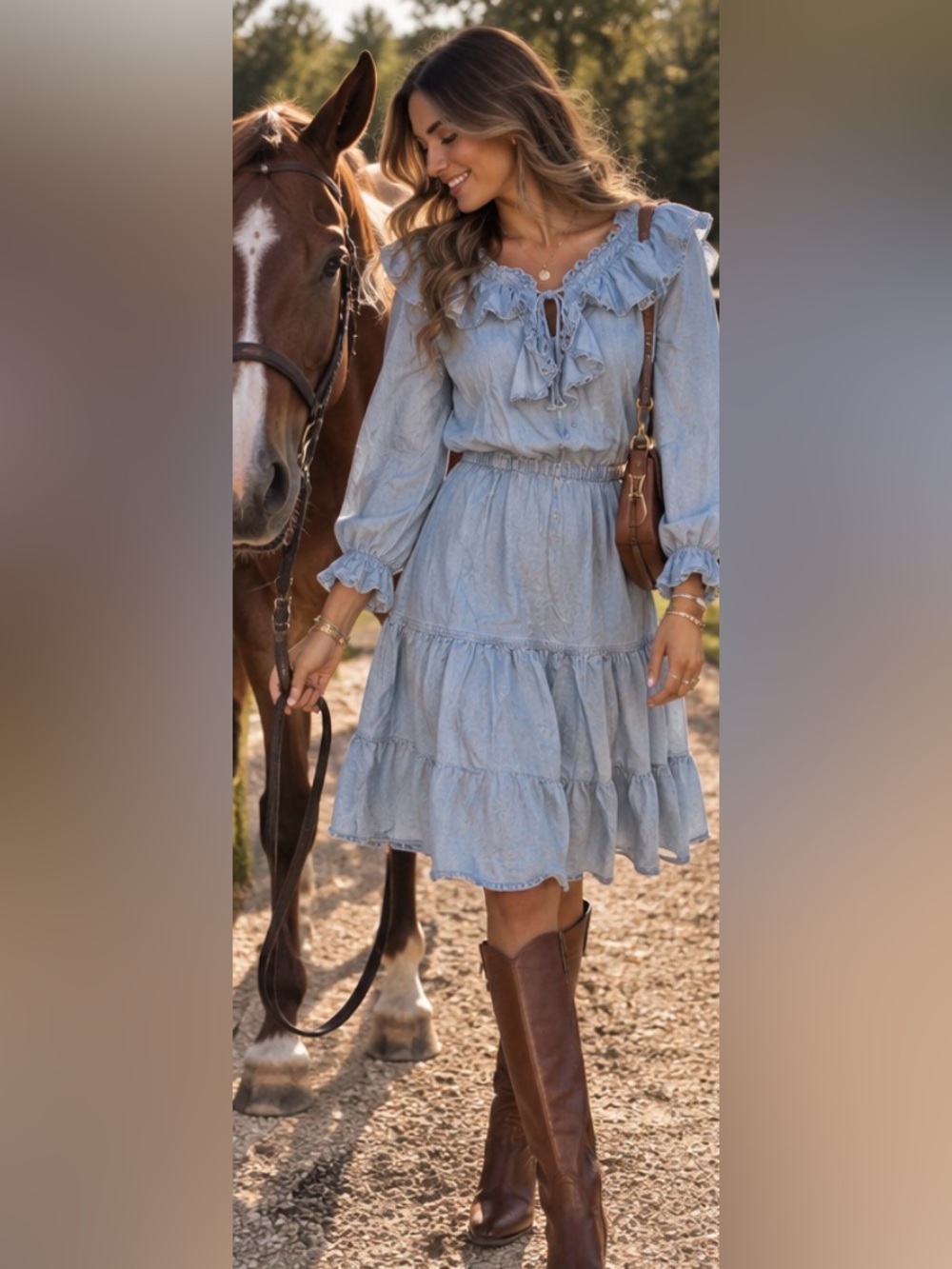 LRL Lauren Ralph Lauren Chambray Ruffle Tie Neck Prairie Midi Dress cottagecore